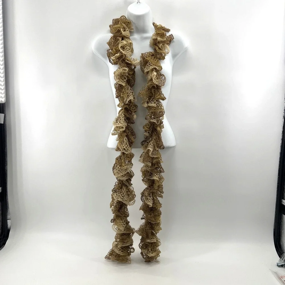 Y2K Handmade Crochet Ruffle Skinny Scarf Long Brown Oat Boho Indie Festival